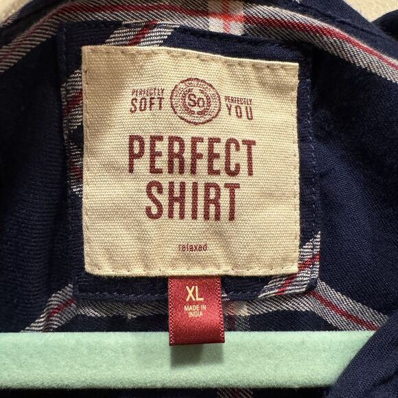 SO Button Up Flannel Perfect Shirt Relaxed Top Navy & White Checkered Womens XL - Picture 3 of 7
